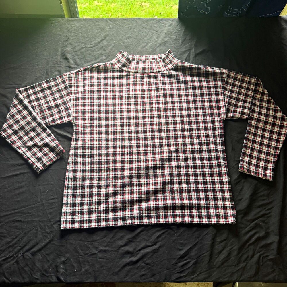 Ann Taylor Womens Plaid Top M Mock Neck Long Sleeve Red Black Holiday Preppy